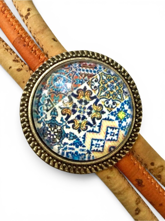 Hand Crafted Jewelry - Portuguese Cork & Faux Leather Unisex Bracelet w/ Azulejo Tile Medallion - 7.25"